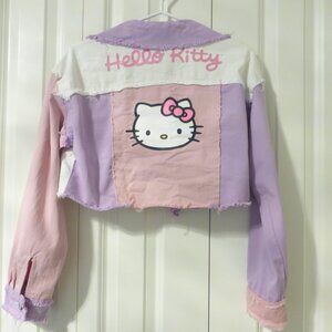 HELLO KITTY x SHEIN colour block pastel purple, pink and white denim jacket